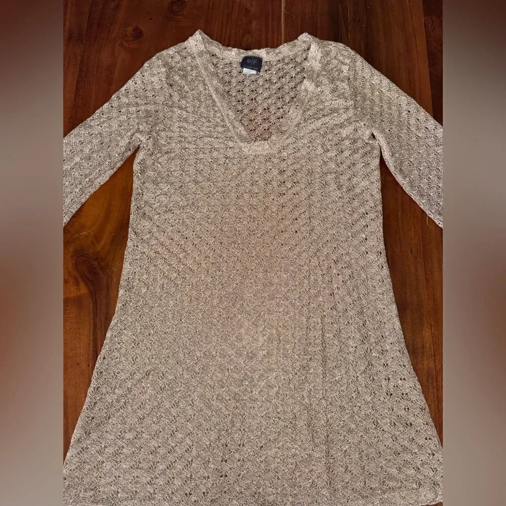 ELIF for Jordan Taylor Loose Knit Crochet Gold Long Sleeve Beach Coverup Medium